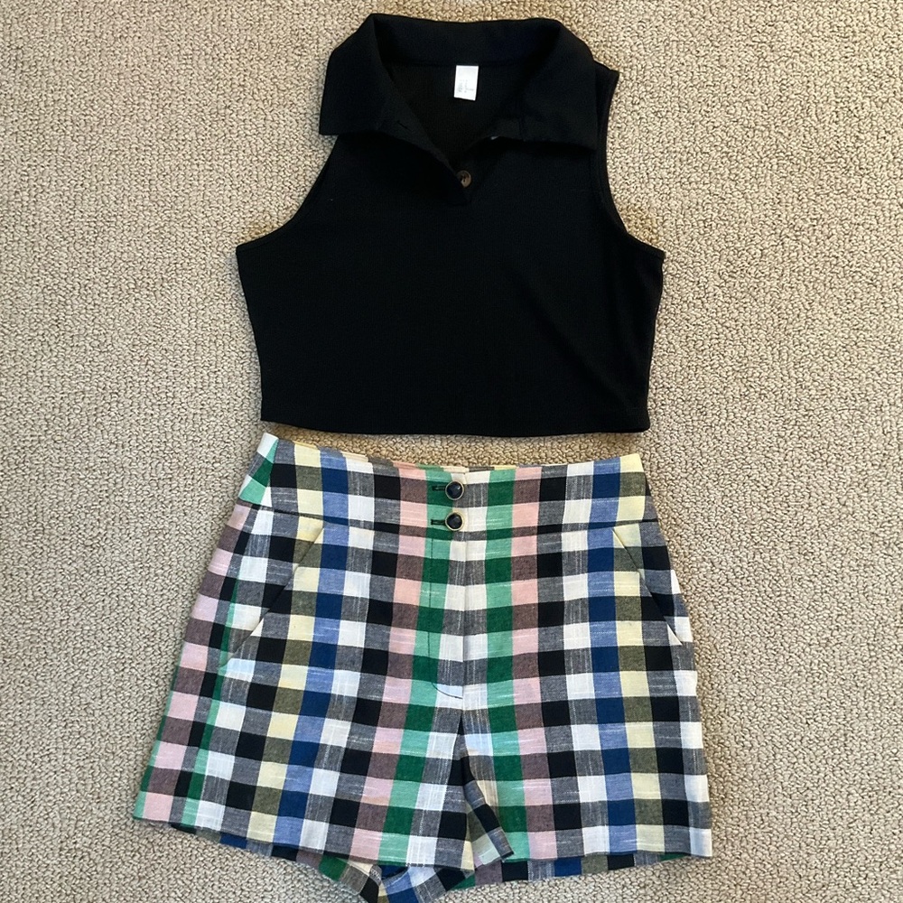 Veronica Beard Multicolor Plaid High Waist Shorts & FREE crop top. FREE SHIPPING